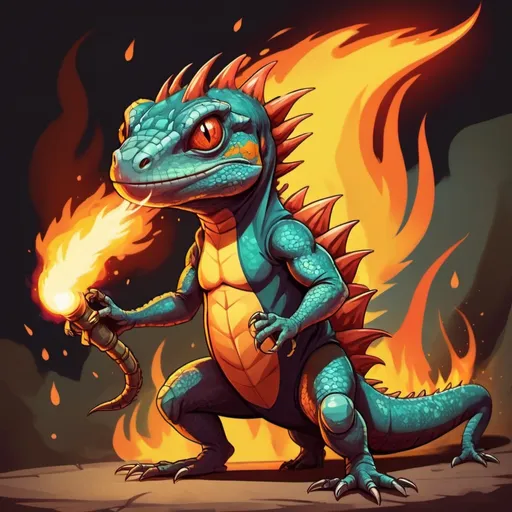 Prompt: A Lizard with a strange look on their face a tail of flame behind them claws ready to slash and a flamethrower wreathed in flames, in card art style
