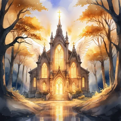 Prompt: Angelic Ghost Sanctuary that glows a warm golden glow and provides a safe haven in dark times in watercolor anime art style