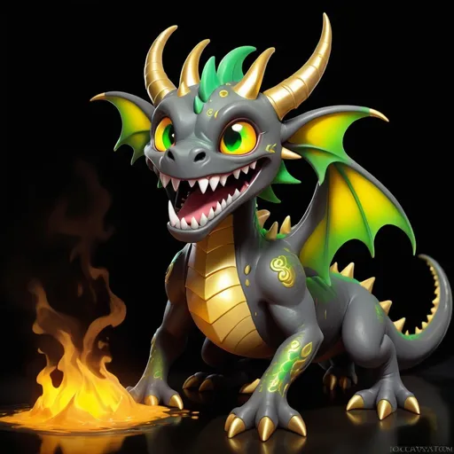 Prompt: Boomback Dragon is small and dusky gray and gold with short gold horns and green claws, it emits extreme heat and melts everything and anything in range glowing with heat and a demeneted smile on their kawaii face, in Creepypasta style, best quality, masterpiece