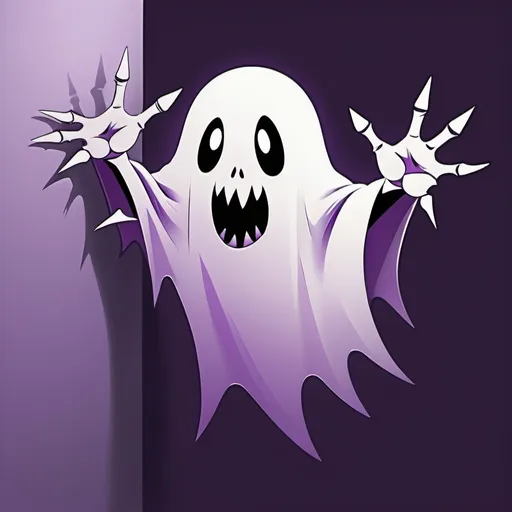 Prompt: Purple spikey ghost with detached clawed hand coming out a wall, in card art style
