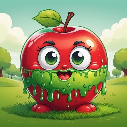 Prompt: fluffy cute ball of apple red and green intermixed and dripping with applejuice on grass in classic cartoon art style