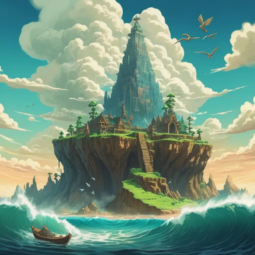 Prompt: A land rising from the ocean being created magical and untamed, in zelda art style