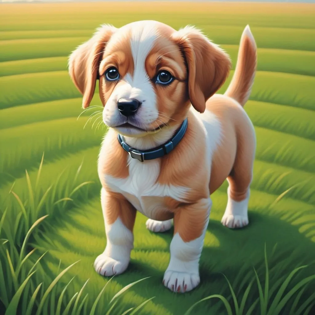 Prompt: puppy on a field in Paul Corfield  art style
