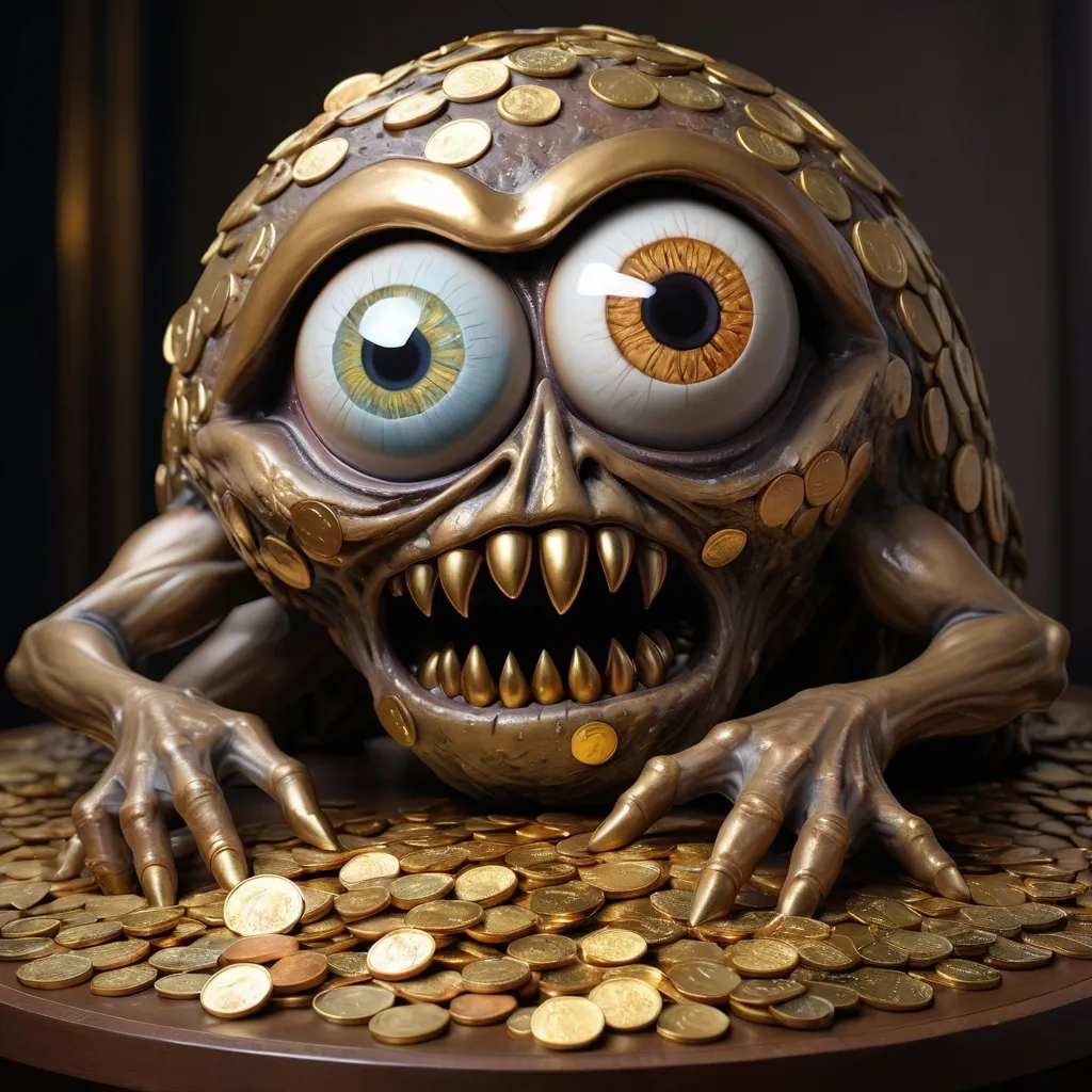 Prompt: Giant Eyeball monster covered in bronze and gold coins a dead body at it's feet covered in the same, best quality, masterpiece