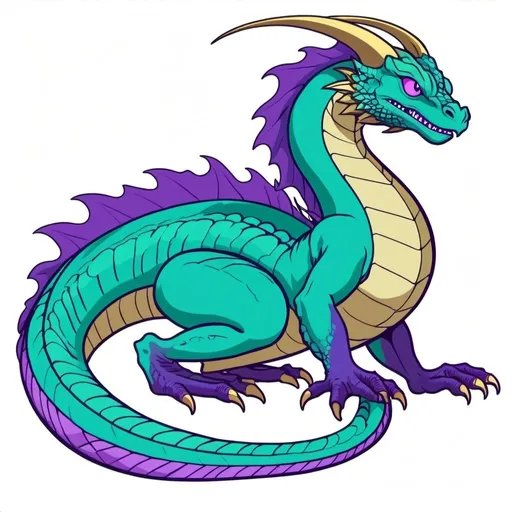 Prompt: Basilisk with vivid-purple teal medium-teal gold purple and light-purple Basilisk  in classic cartoon art style