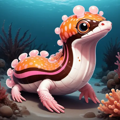 Prompt: cobra with pink-orange scales with dark-brown stripes and covered in a translucid white sea slug-like membrane existing the ocean floor in chibi art style