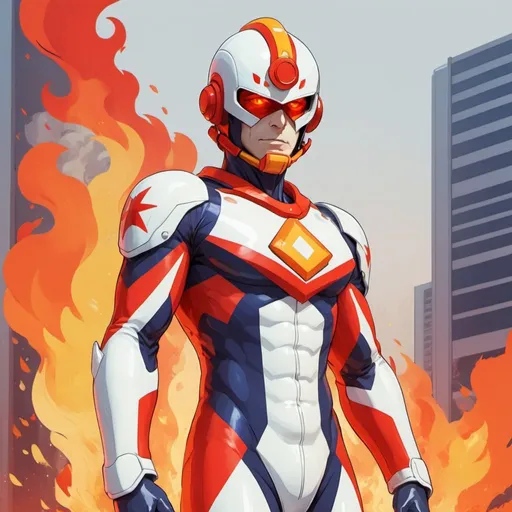 Prompt: Fire Man with red white and orange palette in gatchaman art style
