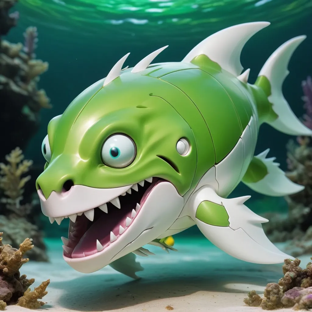 Prompt: A Digimon that only lives in clear beautiful waters It spends most of the day on the water's surface, and when it sleeps, it sleeps with only its face poking out of the surface, colors are vivid green and white, best quality, masterpiece