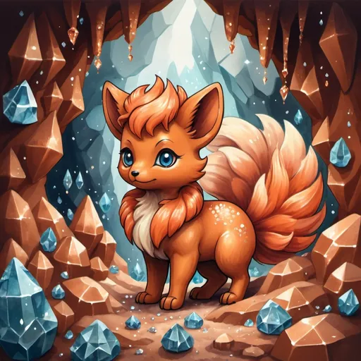 Prompt: Bronze colored Vulpix and covered in bronze crystals background crystal cave, in gouache painting art style
