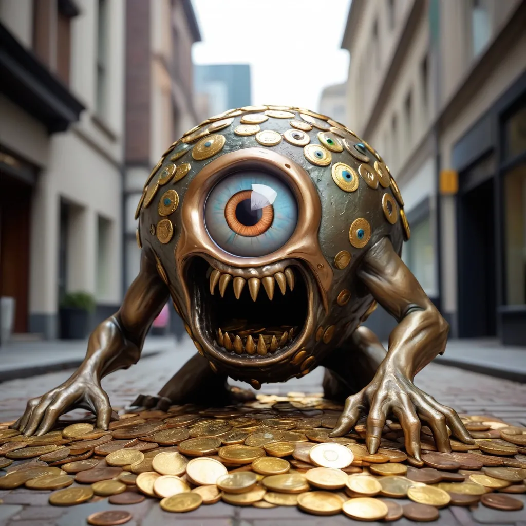 Prompt: Giant Eyeball monster covered in bronze and gold coins a dead body at it's feet covered in the same, best quality, masterpiece