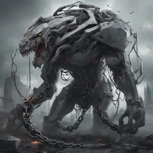 Prompt: broken chain attached to a huge monster, colors are grey and dark grey, In futuristic art style, best quality, masterpiece