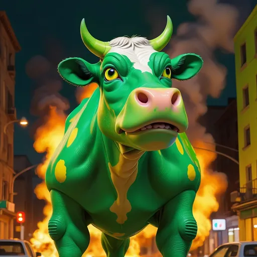 Prompt: Vivid green cow that is reptilian-like with yellow splotch markings, background city at night on fire, masterpiece, best quality