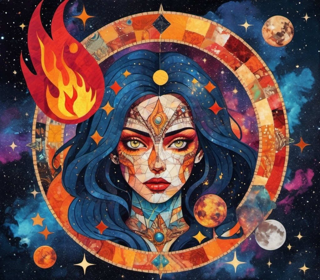 Prompt: Cosmic Sin with fire in patchwork collage art style
