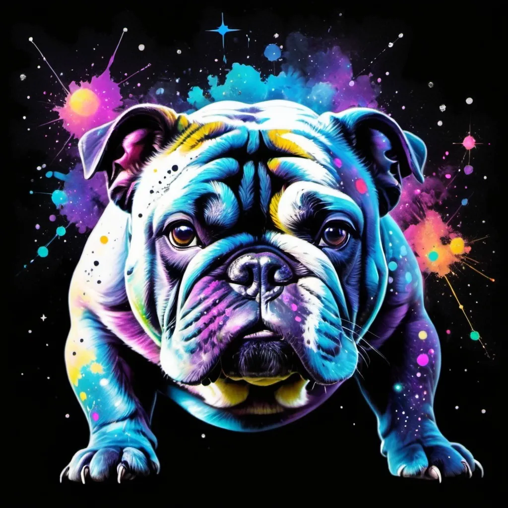 Prompt: Cosmic Bulldog with ebony black fur that is etched with glowing Constellation patterns living in a vivid nebula in paint splattering art style