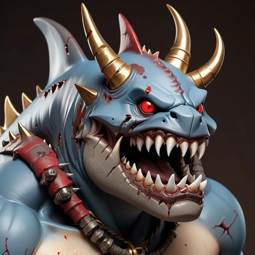 Prompt: Shark abomination in grey-blue and brown with horns and claws and golden ring piercings and red eyes and covered in scars, best quality, masterpiece