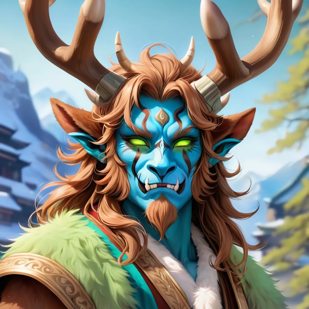 Prompt: Deer with brown and light-green fur with a fuzzy tan fur mane and brown horn-antlers with a blue and gray oni-mask, background temple