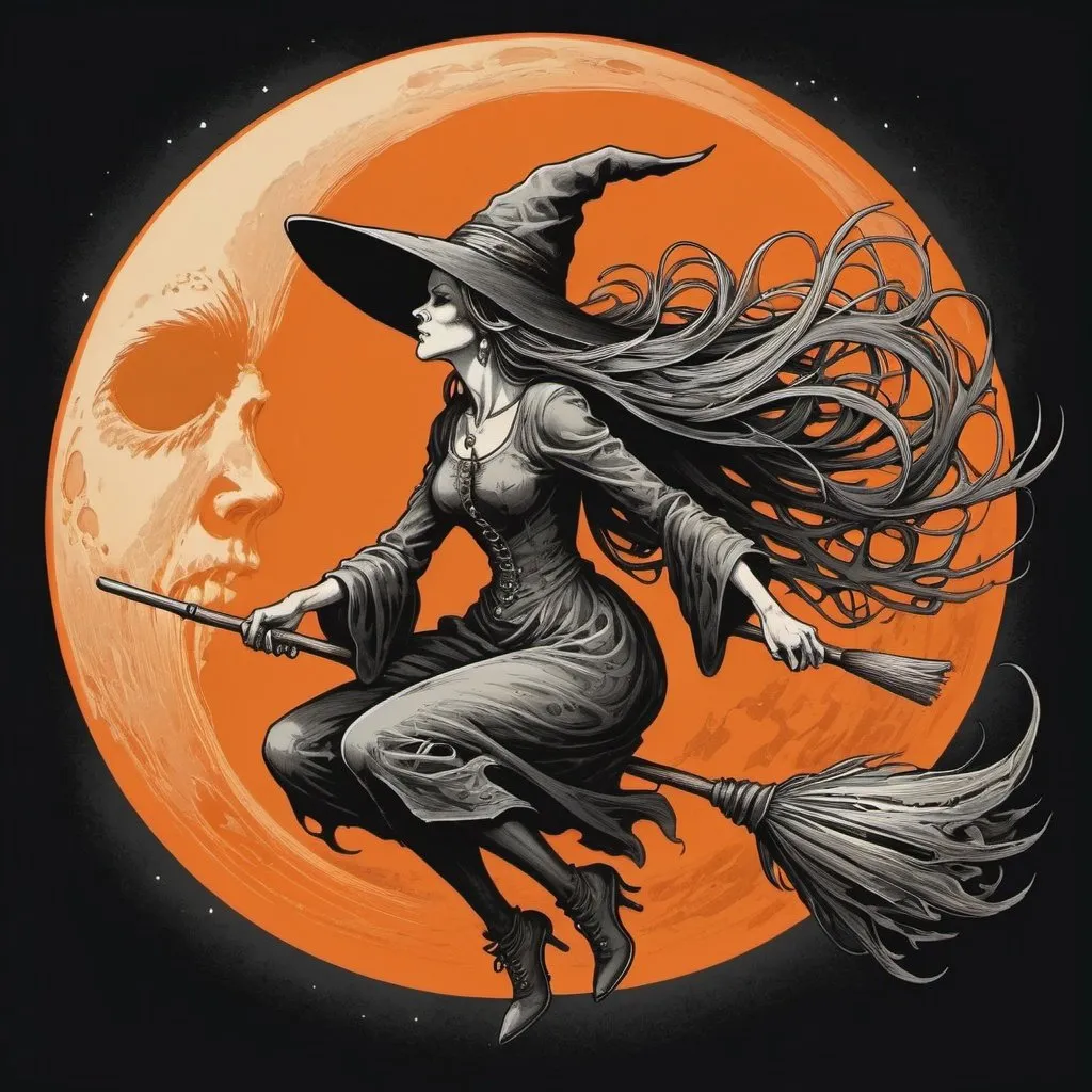 Prompt: witch flying and orange moon in Aaron Horkey art style