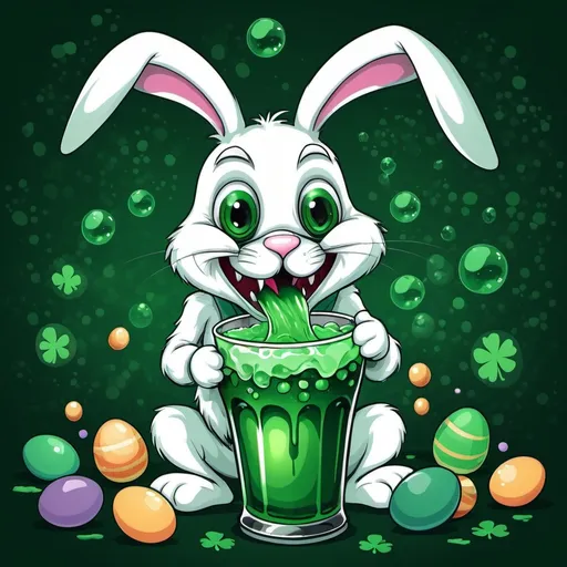 Prompt: Easter bunny devouring saint Patrick day drunks in vector creepy pasta art style background night with drunk bubbles