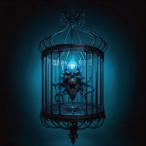 Prompt: A cage that contains a monster from the darkest abyss and a ayleid chandelier hanging down glowing eerie blue light over it, in eclectic art style