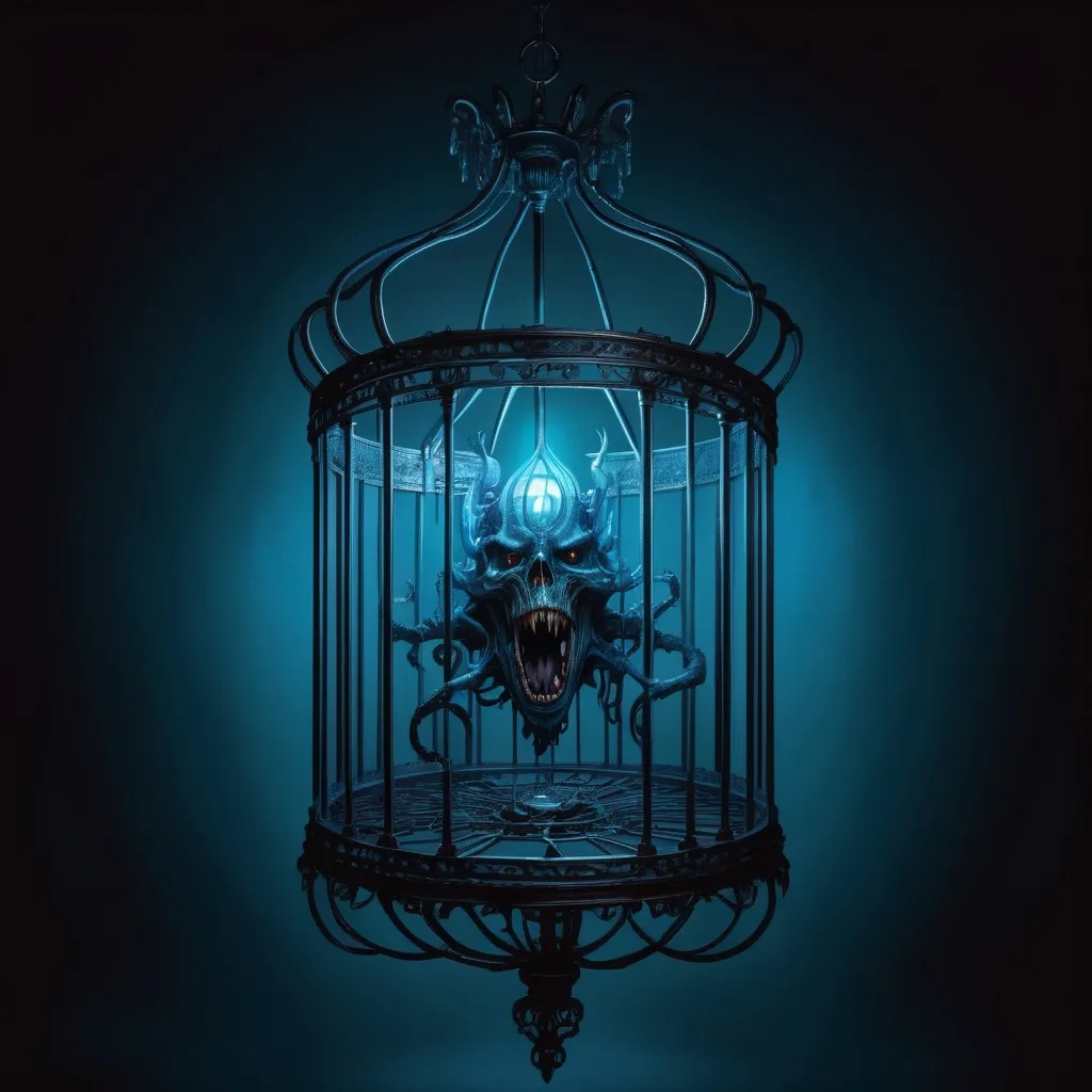 Prompt: A cage that contains a monster from the darkest abyss and a ayleid chandelier hanging down glowing eerie blue light over it, in eclectic art style