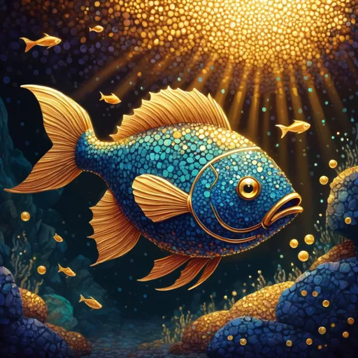 Prompt: A magical glowing gold stone that guilds all the fish home, in pointillism art style


