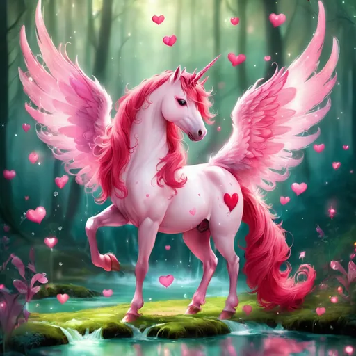 Prompt: Fairy Unicorn with light pink glowing fur pink mane and tail and red fairy wings with hearts floating around them, background magical  pink forest, masterpiece, best quality