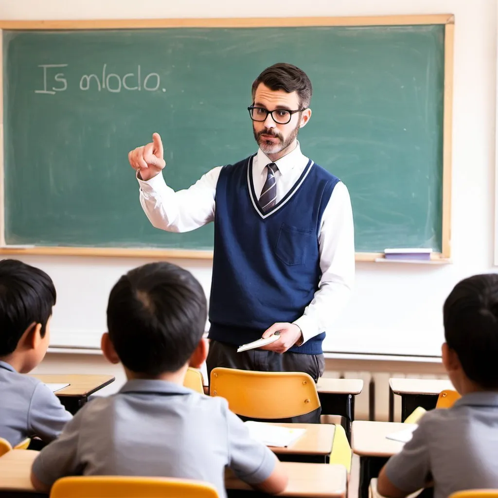 Prompt: A male teacher is teaching students