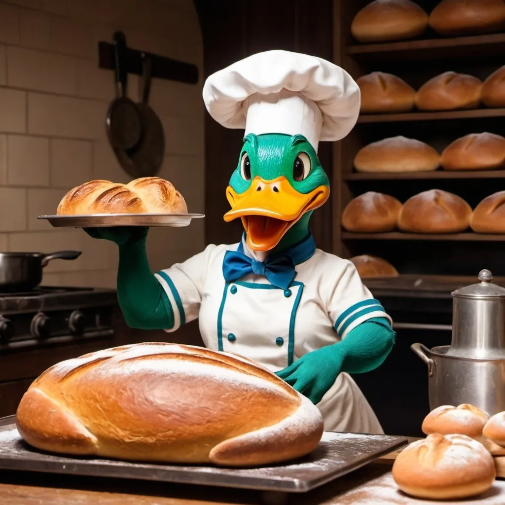 Prompt: A mallard, dressed as a baker, baking bread. Disney style