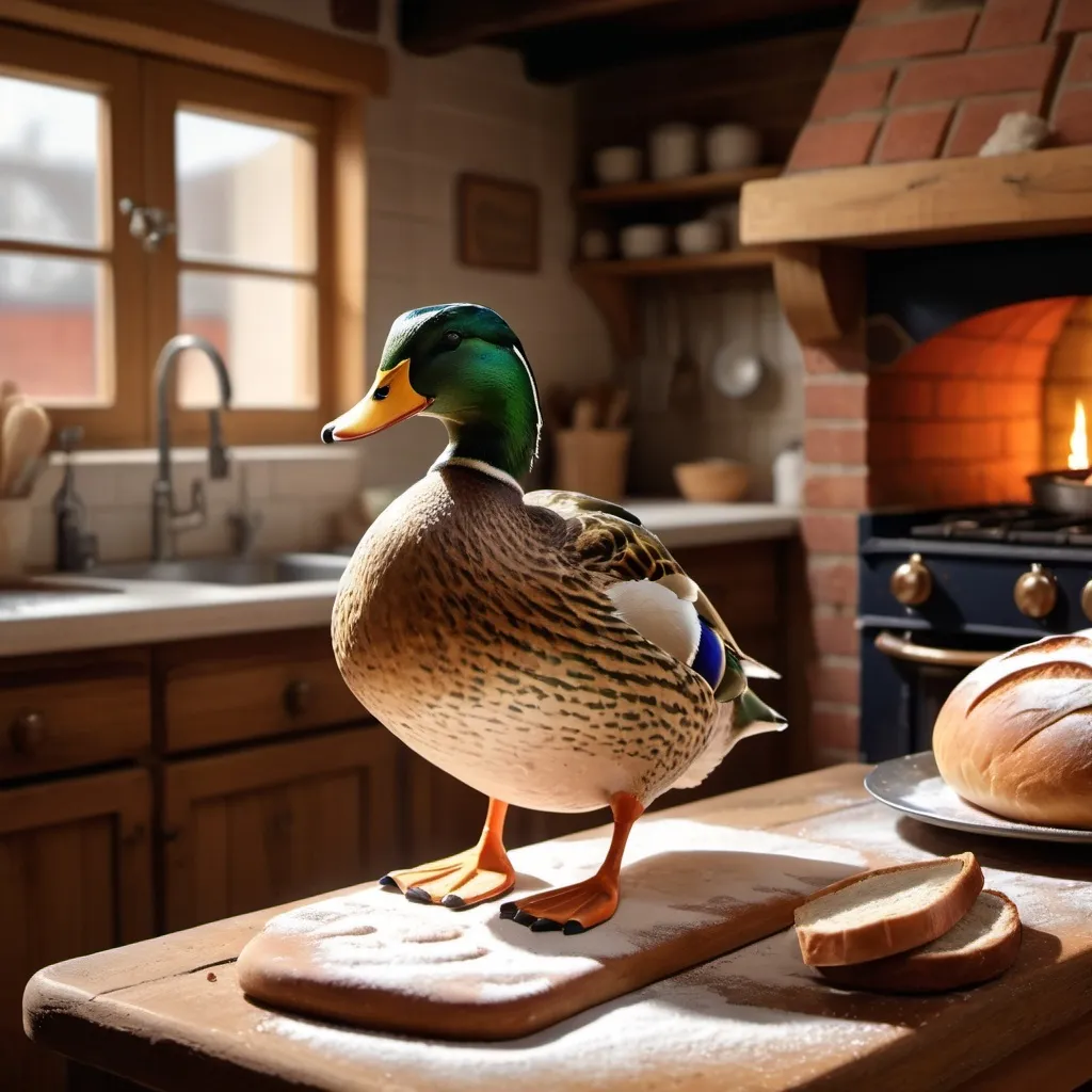 Prompt: A mallard baking bread