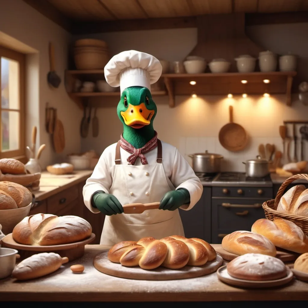 Prompt: A mallard, dressed as a baker, baking bread. Realistic style