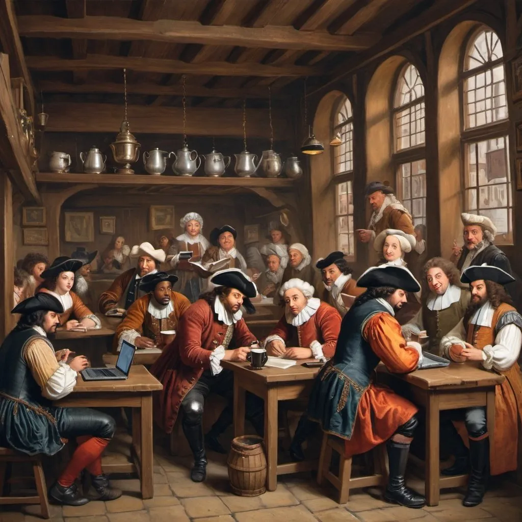 Prompt: An image of a 17 Century coffee house with men, women, children of all ethnicities discussing news but with laptops, mobile phones and tablets rather than papers.