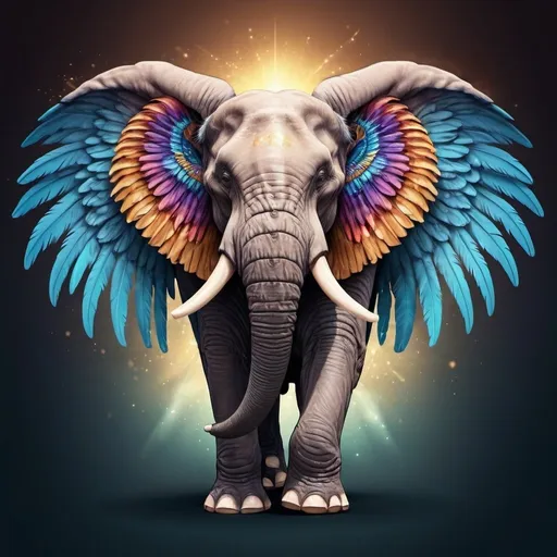 Prompt: Winged elephant logo, majestic and powerful appearance, digital illustration, detailed feathers and fur, vibrant colors, magical fantasy style, angelic glow, high quality, detailed wings, elegant design, vibrant color scheme, heavenly lighting