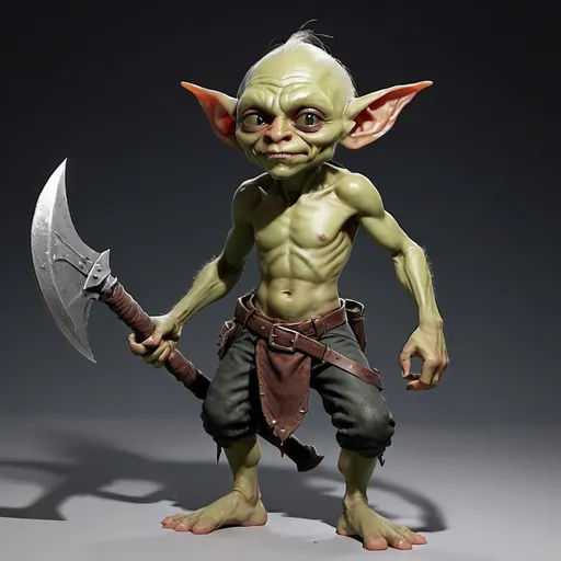 Prompt: dnd young goblin with exposed chest and a battle axe. wearing moist pants.