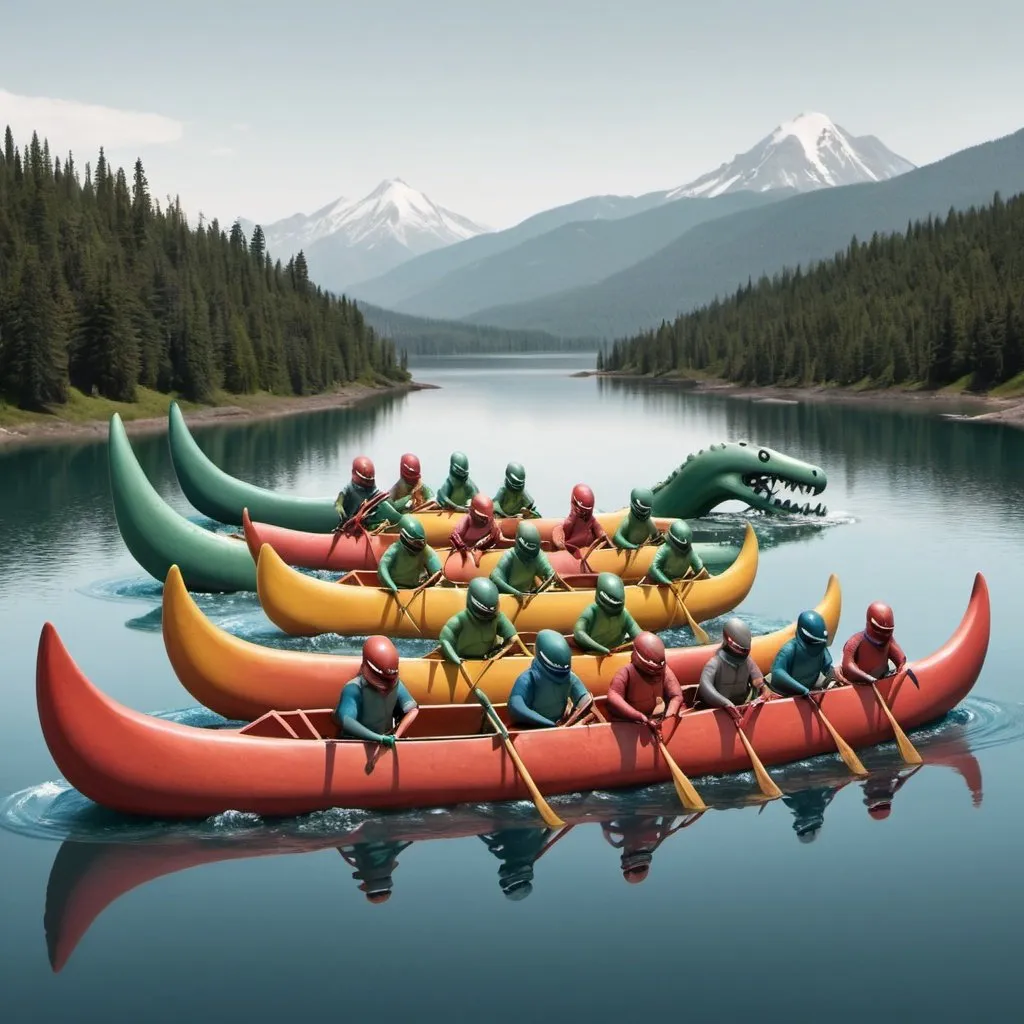 Prompt: A bunch of canoes being eaten by a lake monster