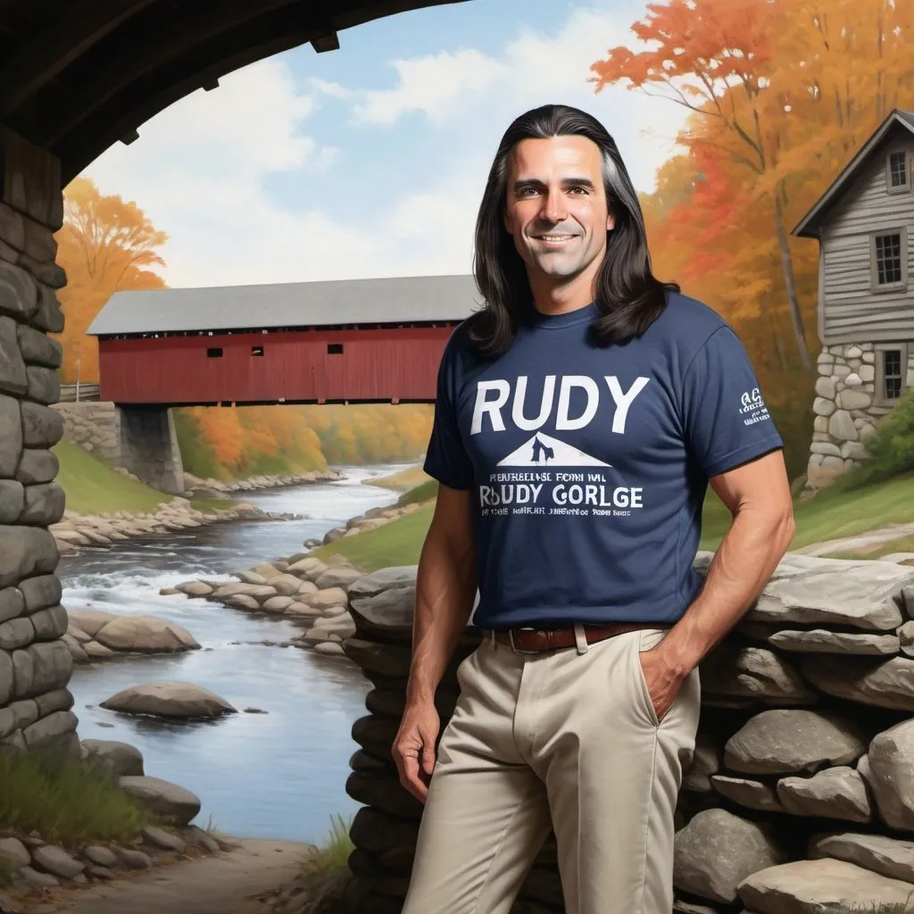 Prompt: Political poster for local candidate Rudy Gelsi with long dark hair, spray painted tee shirt, athletic pants, small New England town, covered bridge, stone wall, traditional painting, high quality, realistic, political, rural, detailed clothing, vintage color scheme, warm natural lighting