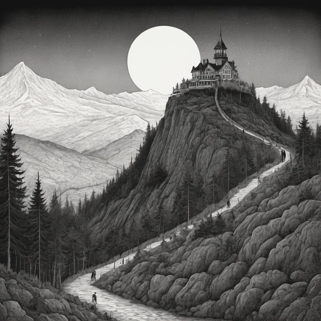 Prompt: Edward Gorey style illustration of Mount Washington with eerie and mysterious atmosphere, vintage New Hampshire setting, gothic vibe, black and white, pen and ink, detailed linework, macabre storytelling, highly detailed, vintage, eerie atmosphere