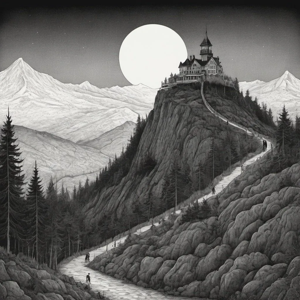 Edward Gorey style illustration of Mount Washington...