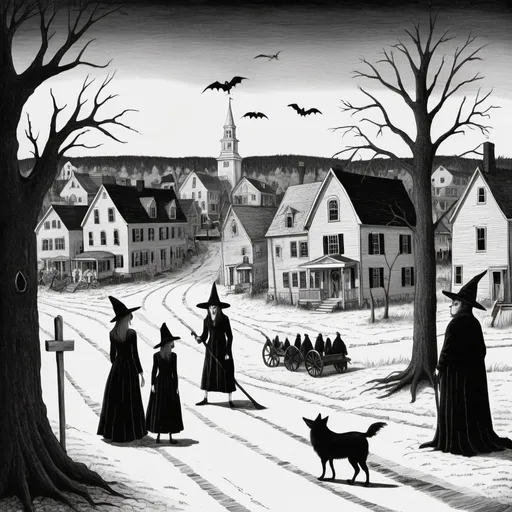Prompt: Small town scene in style of Edward Gorey, with witch trial occuring in 1600s New Hampshire. Macabre, eerie setting. Black and white.