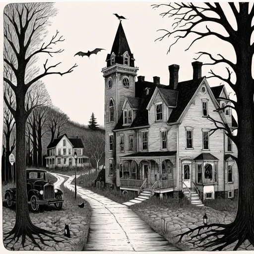 Prompt: Edward Gorey style illustrations of eerie and mysterious town, vintage New Hampshire setting, gothic vibe, black and white, pen and ink, detailed linework, macabre storytelling, highly detailed, vintage, eerie atmosphere