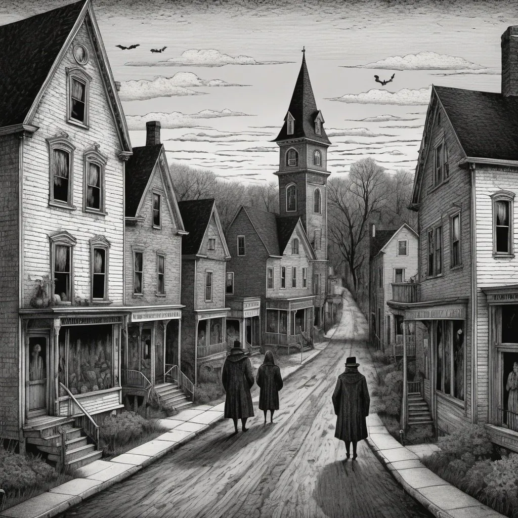 Prompt: Edward Gorey style illustration of the town, intricate crosshatching, eerie and mysterious atmosphere, overcast sky, vintage New Hampshire setting, gothic vibe, black and white, pen and ink, detailed linework, macabre storytelling, highly detailed, highres, vintage, eerie atmosphere, with townspeople 