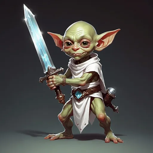 Prompt: dnd young goblin with a bejeweled sword. wearing moist pants and a white toga