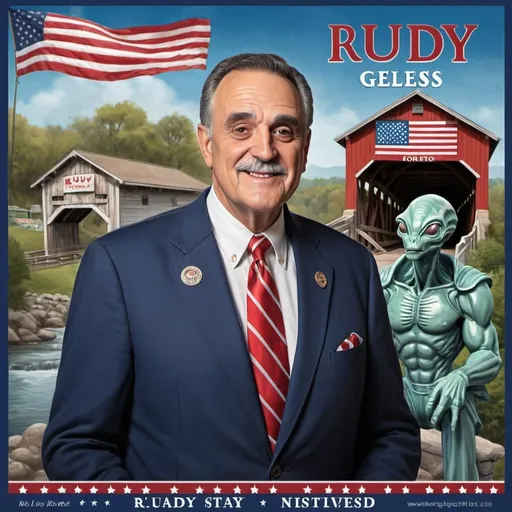 Prompt: Political poster ad for Rudy Gelsi, mayoral candidate, alien-themed town, statues, covered bridge, patriotic color scheme, realistic painting, detailed features, historical references, vintage style, professional lighting, high resolution, Americana, detailed statues, traditional art style, vintage poster design, American flag colors