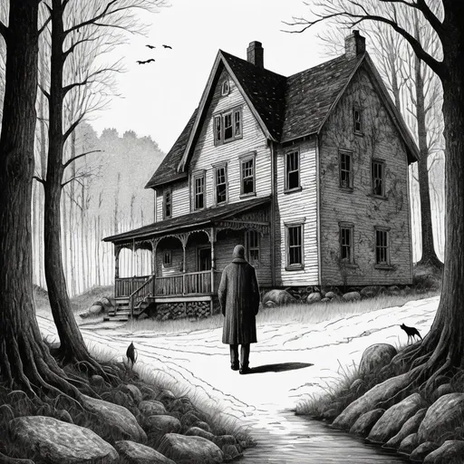 Prompt: Edward Gorey style illustration of Littleton, NH with eerie and mysterious atmosphere, vintage New Hampshire setting, gothic vibe, black and white, pen and ink, detailed linework, macabre storytelling, highly detailed, highres, vintage, eerie atmosphere, with person at their remote hunting cabin in the forest