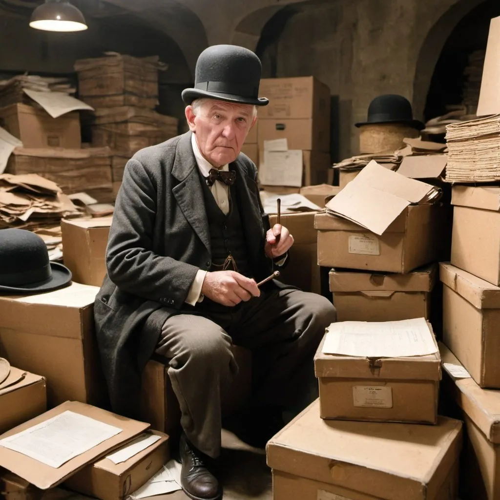 Prompt: An old white man with a bowler hat and cane sits among a pile of old papers and boxes in a museum basement