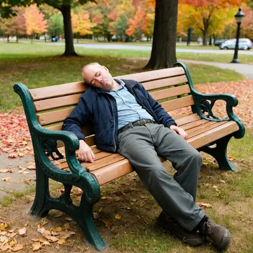 Prompt: Photo of man sleeping on a park bench. It is early fall, grass and leaves on ground. Northern new England. 