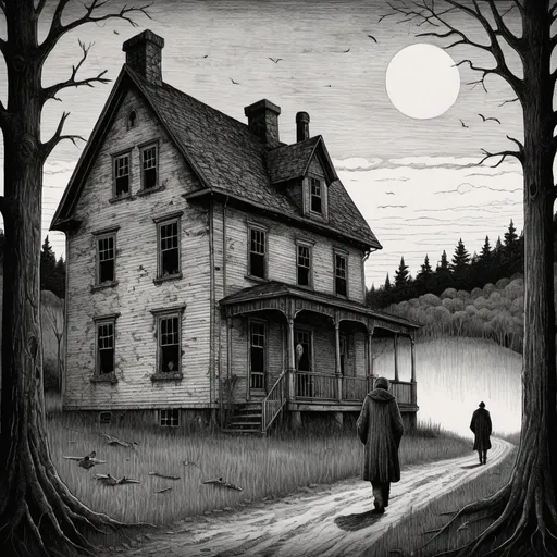 Prompt: Edward Gorey style illustration of Littleton, NH with eerie and mysterious atmosphere, overcast sky, vintage New Hampshire setting, gothic vibe, black and white, pen and ink, detailed linework, macabre storytelling, highly detailed, highres, vintage, eerie atmosphere, with person at their remote hunting cabin 