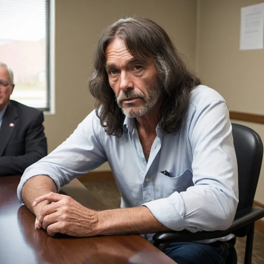 Prompt: Small town political candidate in his 60s with shaggy dark long hair, sits at a meeting at a folding table. His legs are splayed, he is not wearing socks and his shirt has a deep v