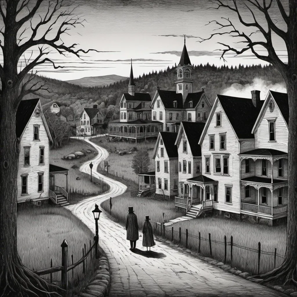 Prompt: Edward Gorey style illustration of Littleton, NH with eerie and mysterious atmosphere, overcast sky, vintage New Hampshire setting, gothic vibe, black and white, pen and ink, detailed linework, macabre storytelling, highly detailed, highres, vintage, eerie atmosphere, with townspeople 