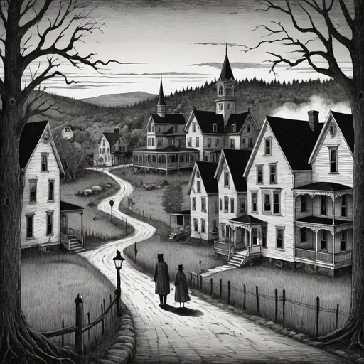 Prompt: Edward Gorey style illustration of Littleton, NH with eerie and mysterious atmosphere, overcast sky, vintage New Hampshire setting, gothic vibe, black and white, pen and ink, detailed linework, macabre storytelling, highly detailed, highres, vintage, eerie atmosphere, with townspeople 