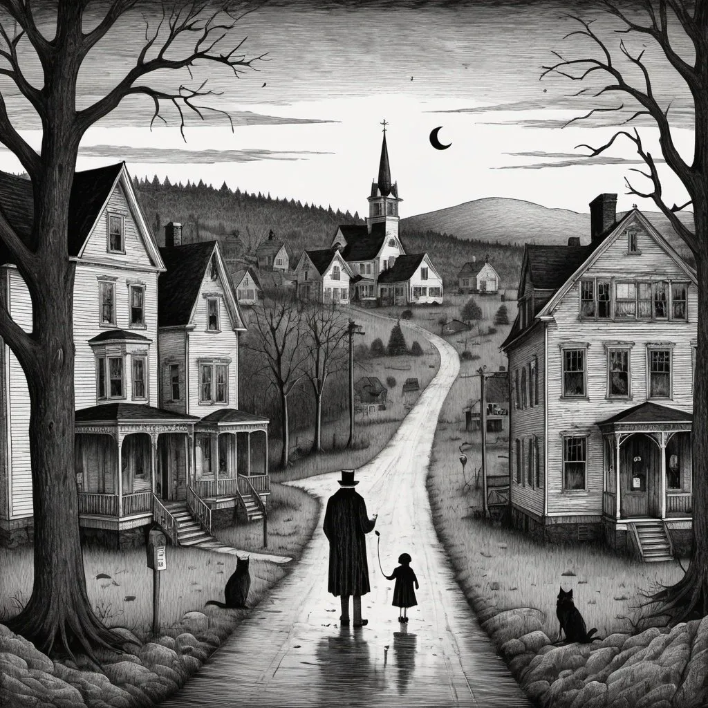Prompt: Edward Gorey style illustration of Littleton, NH with eerie and mysterious atmosphere, overcast sky, vintage New Hampshire setting, gothic vibe, black and white, pen and ink, detailed linework, macabre storytelling, highly detailed, highres, vintage, eerie atmosphere, with townspeople 